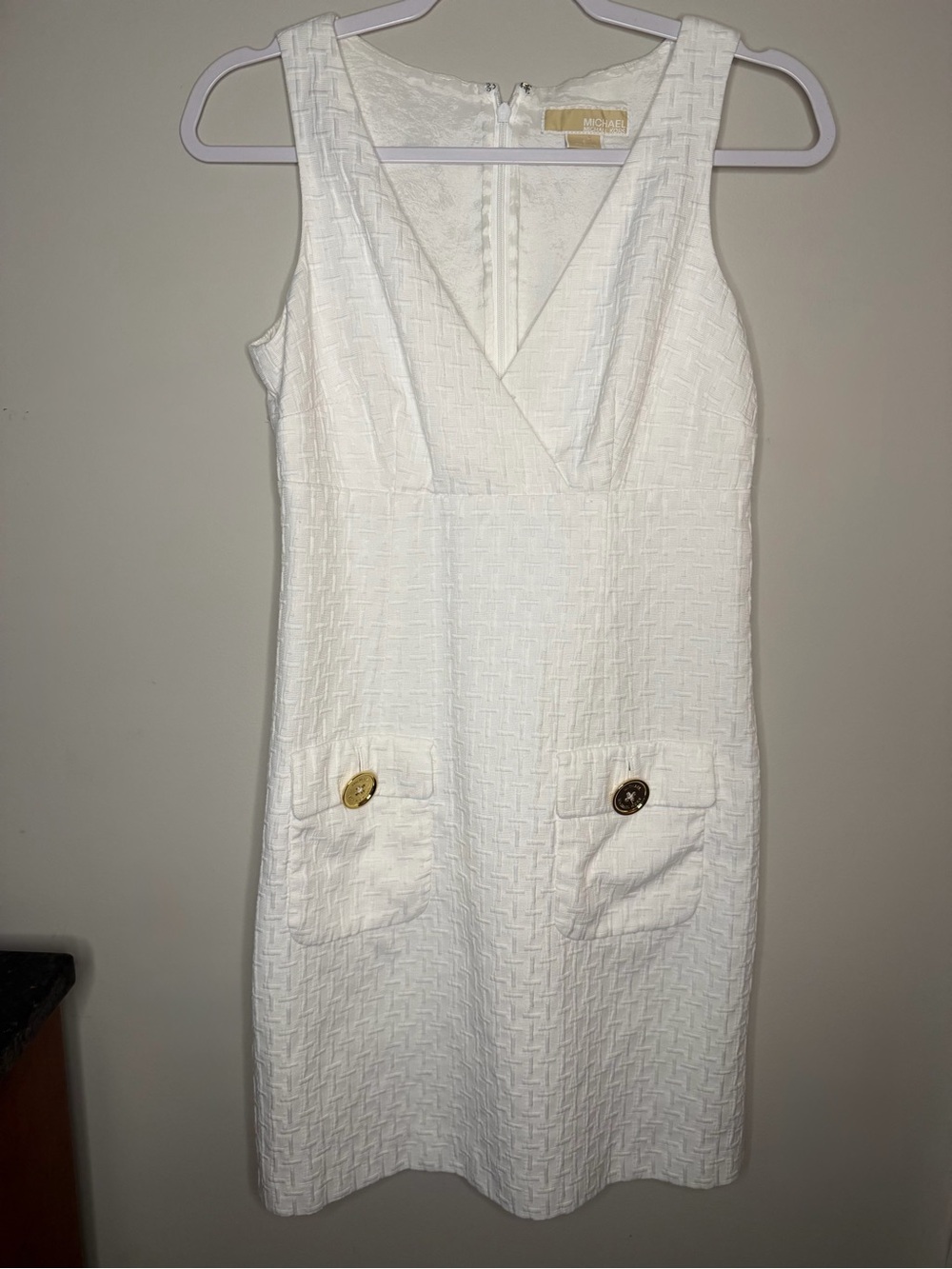 Michael Kors Cream Textured V-Neck Sleeveless Mini Dress with Gold Buttons